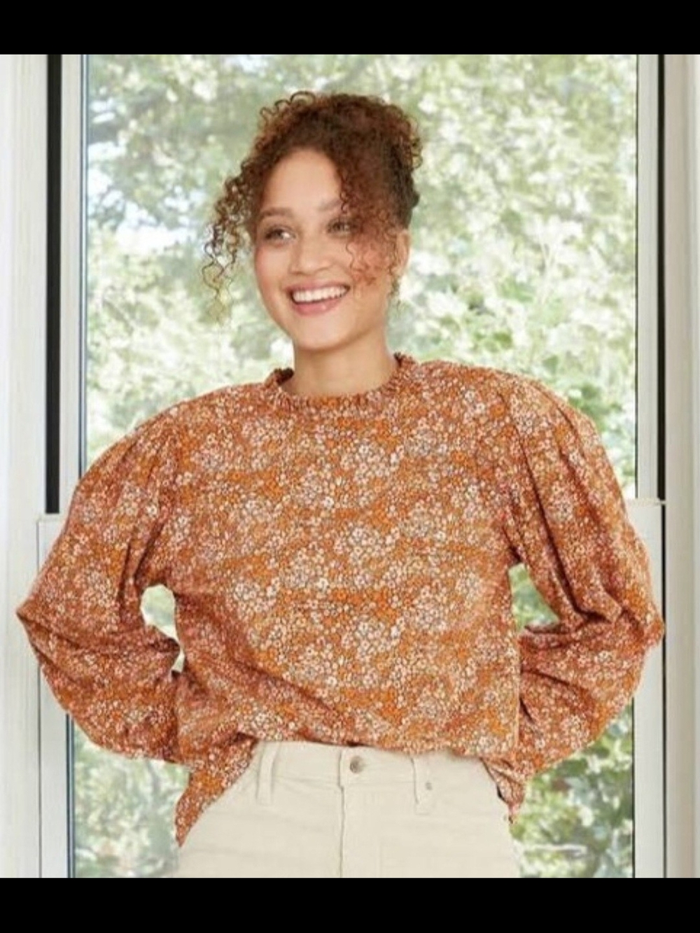 Universal Thread Fall Rust Floral Puff-Sleeve Top Size L